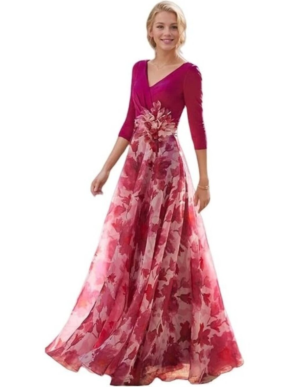 NWT Womens Size 4 LT LanTing Bride Fuchsia Pink Floral Applique Maxi Dress NEW